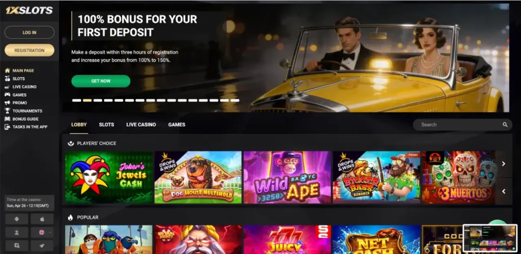 1xSlots z logo kasyna i symbolami popularnych automatów do gry
