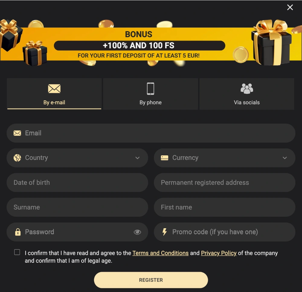 1xSlots Casino Registration Form