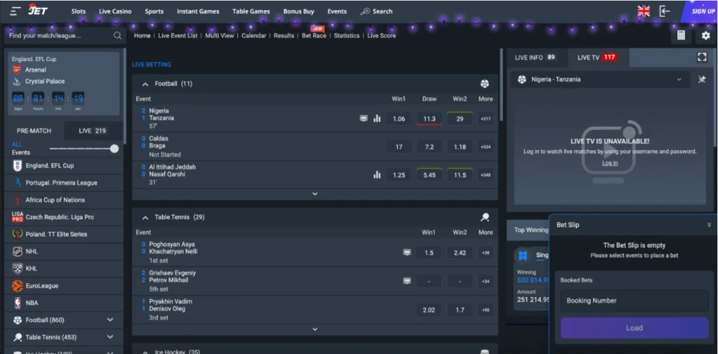 Jet Casino Sports Betting Section