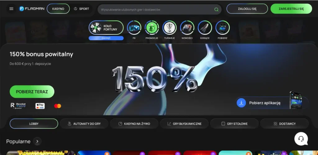 Grafika Flagman Casino z kolorowymi obrazkami automatów do gry, bonusem powitalnym i oficjalnym logo