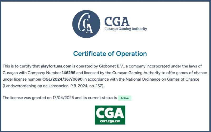 Play Fortuna CGA Certificate