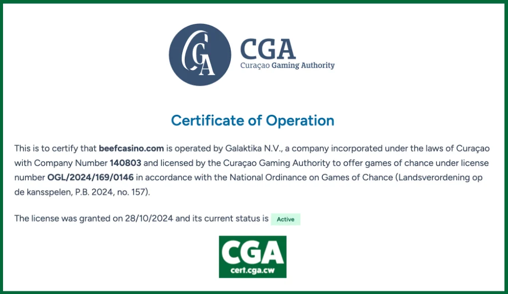 Beef Casino Certificate of Operation CGA