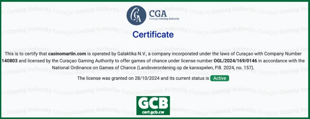 Martin Casino CGA Certificate
