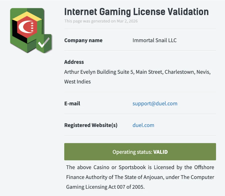 Duel Casino - Internet Gaming License Validation