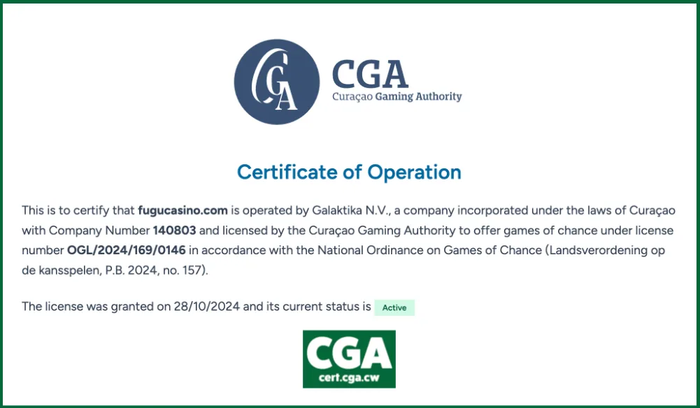 Fugu Casino Certificate of Operation (CGA) № 140803