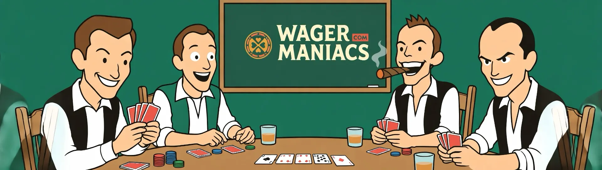 A Wagermaniacs honlap magyar nyelvű változata; a honlap 4 szerzője pókerrel foglalkozik, a háttérben a honlap magyar stílusú logója látható